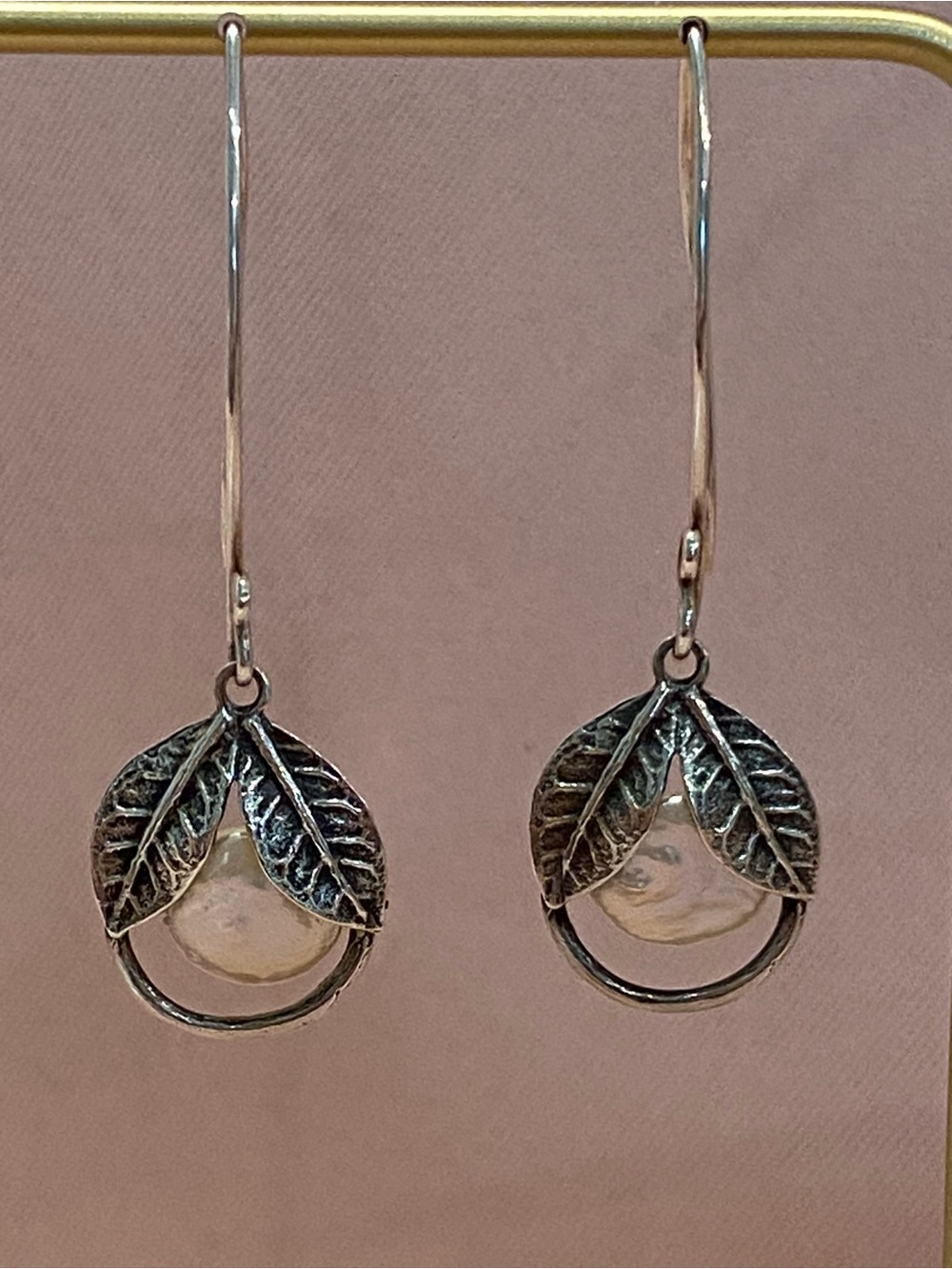 Sterling Leaf Drop Earrings with White Coin Pearl